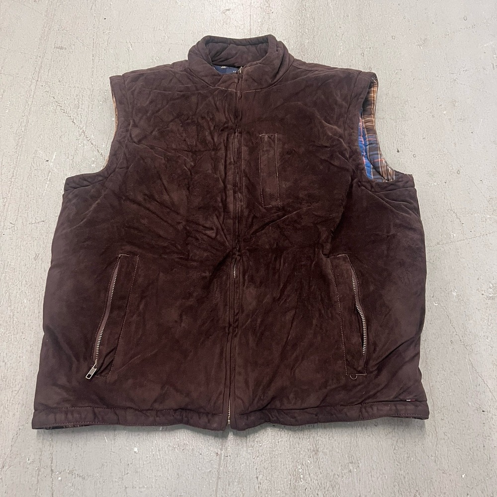 Tommy Hilfiger Men's Size Large Full Zip Brown Vest With Plaid Lining 3‎ Pockets